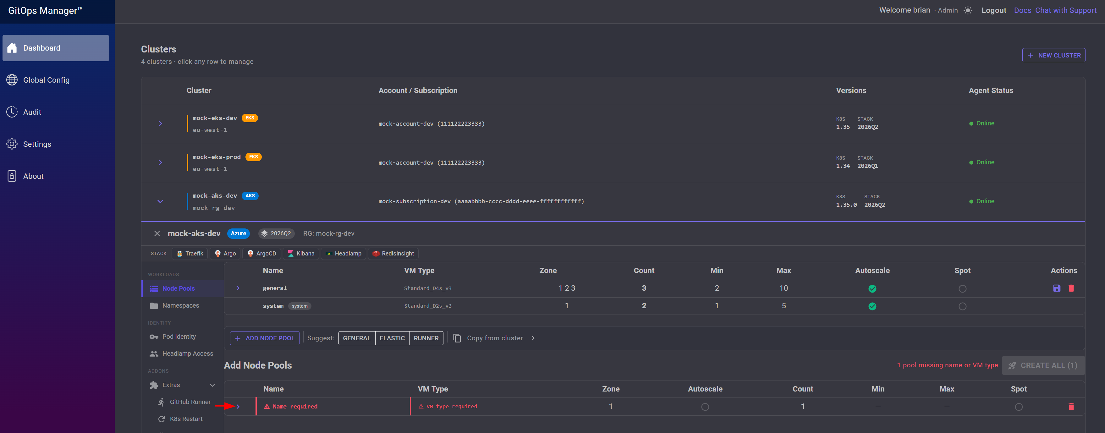 Add Node Pools row showing validation errors for missing name and VM type, Create All disabled