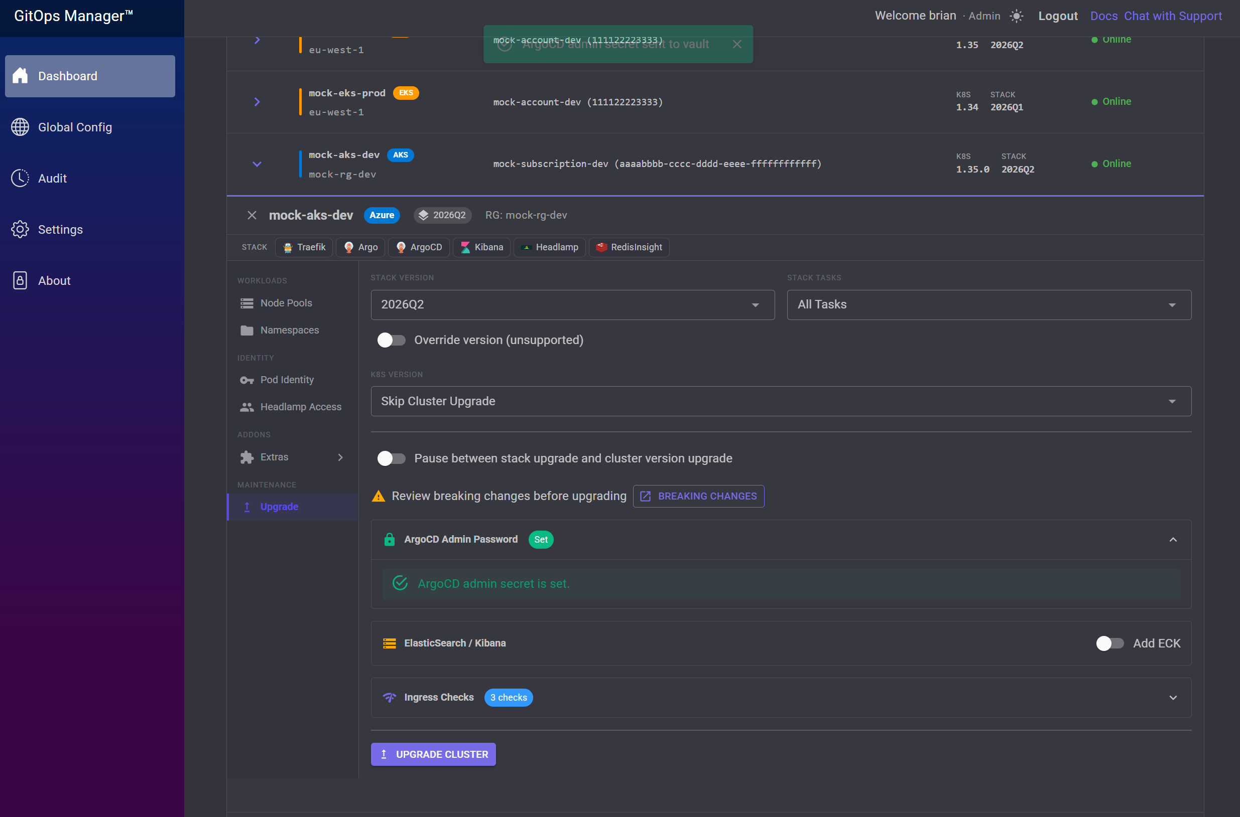 Notification confirming the ArgoCD admin secret was sent to vault, ArgoCD Admin Password now shows Set