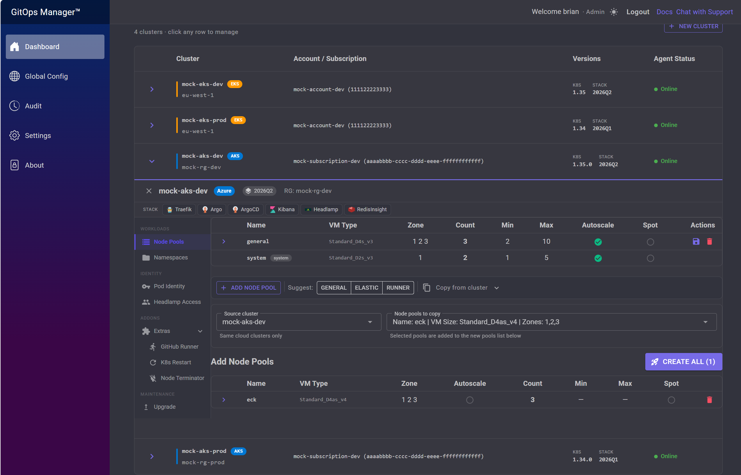 Add Node Pools list showing a pool copied in from another cluster