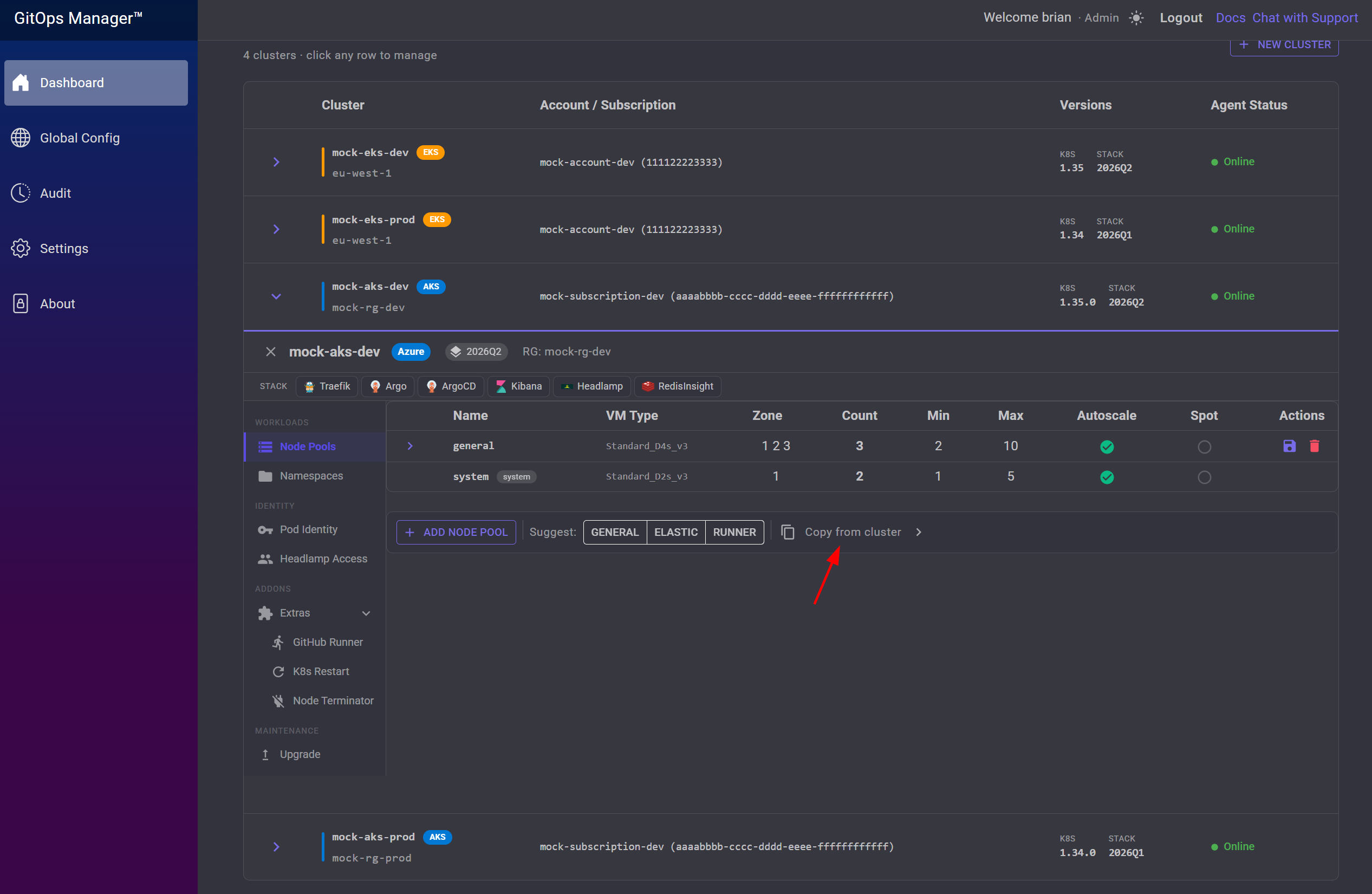 Node pools screen with an arrow pointing at Copy from cluster