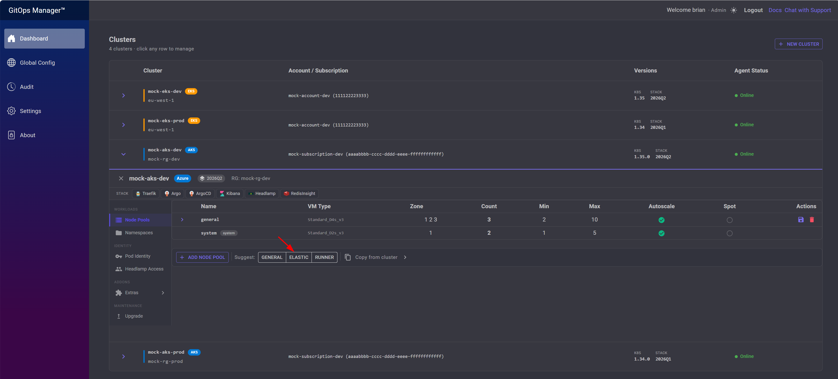 Node pools screen with an arrow pointing at the Elastic suggestion button