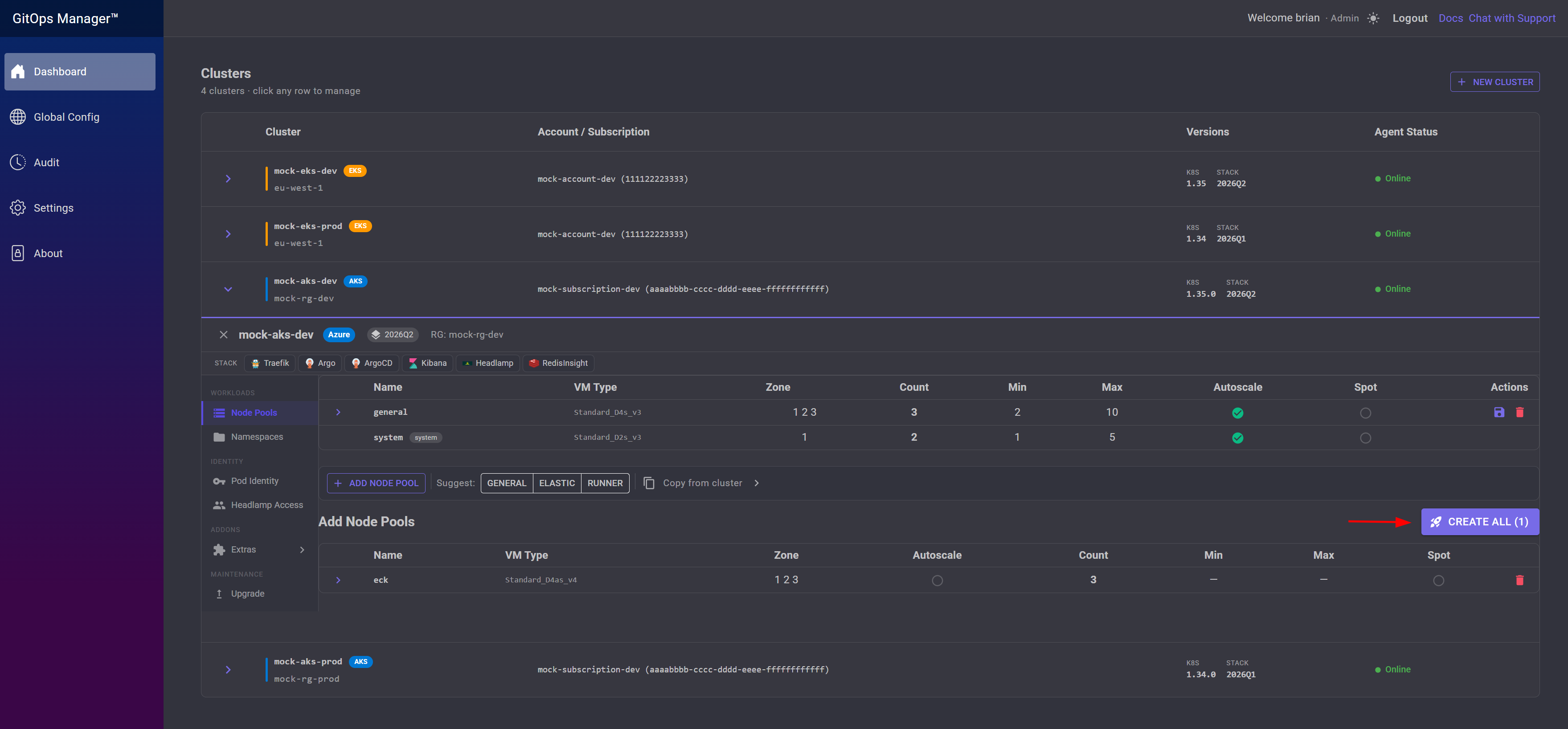Add Node Pools section with an arrow pointing at the Create All button