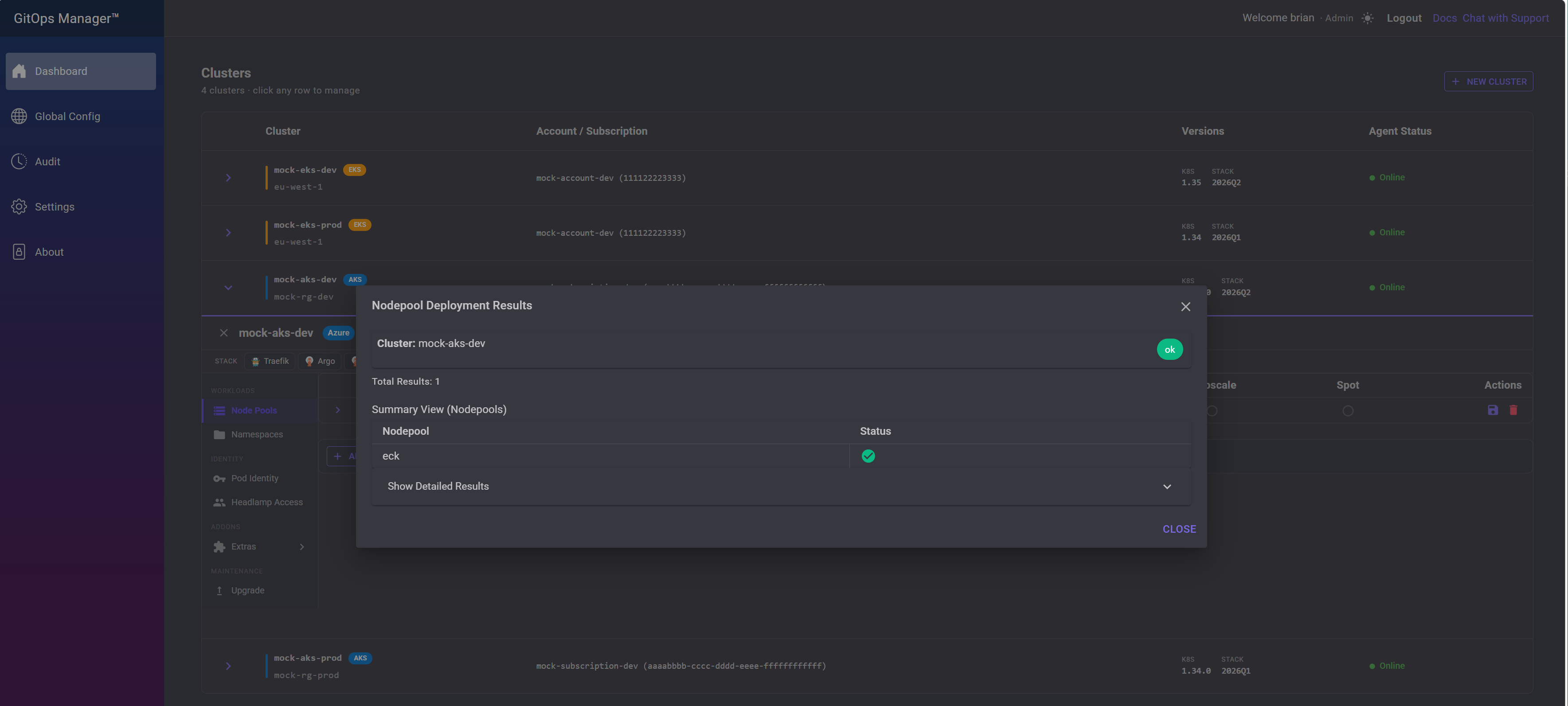 Nodepool Deployment Results dialog showing the eck pool created successfully