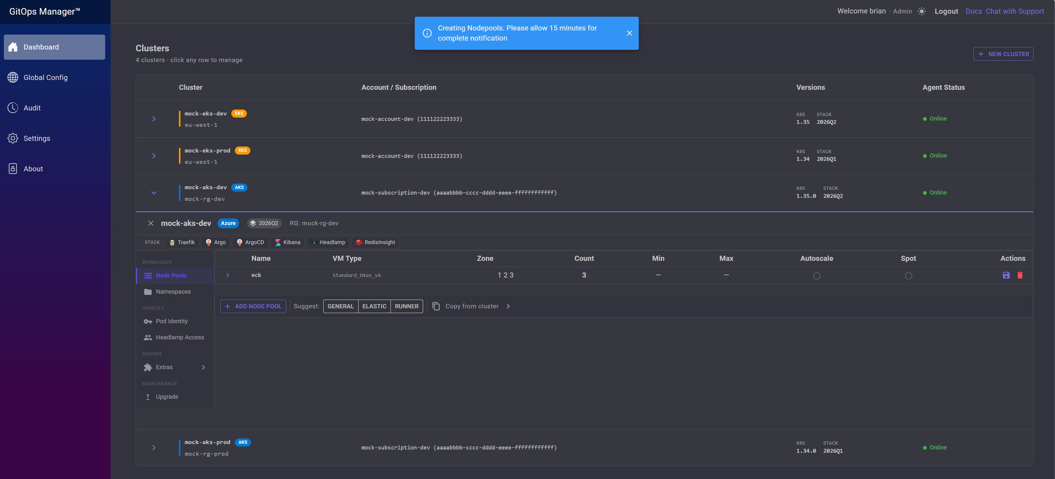Notification showing node pools are being created