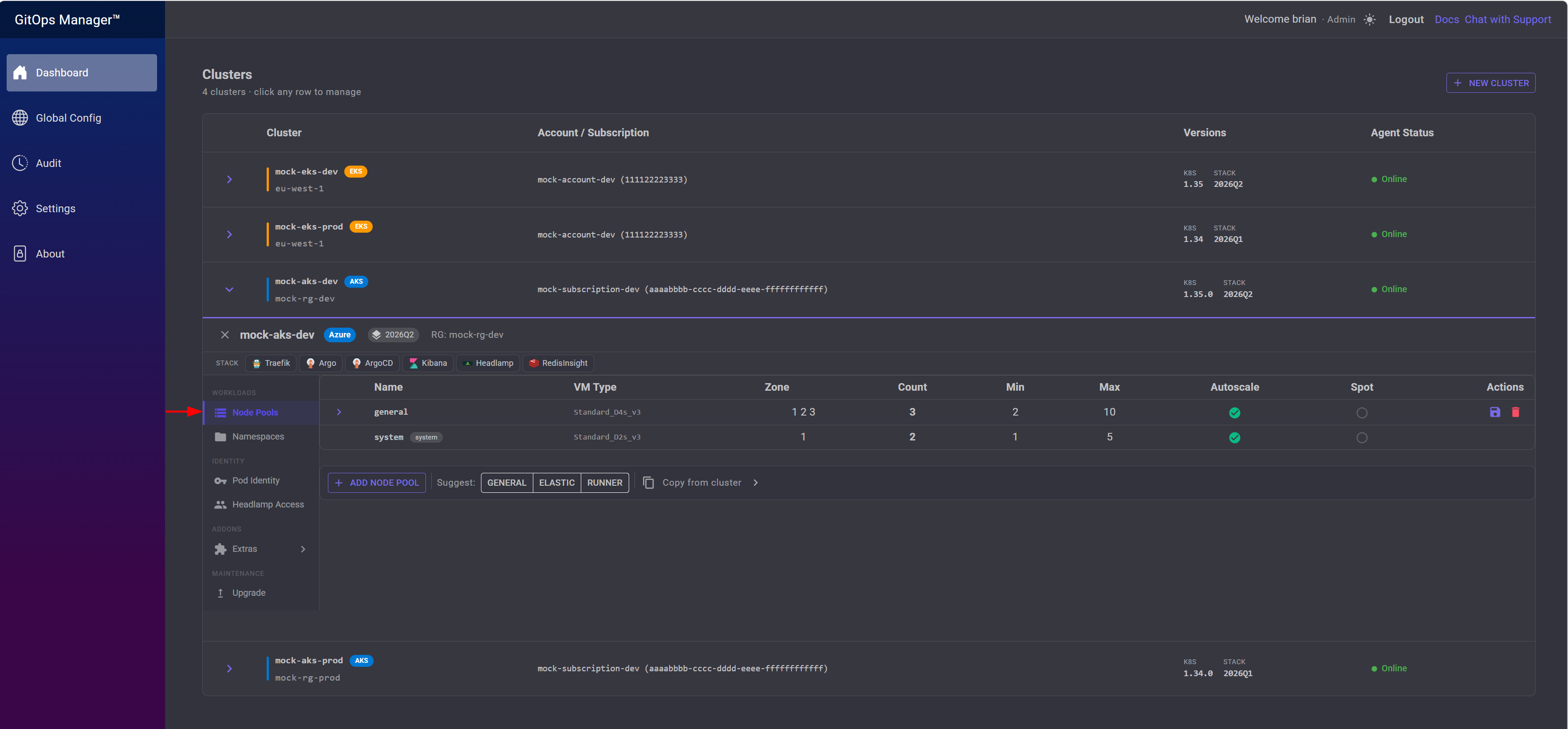 Cluster panel with an arrow pointing at the Node Pools sidebar item