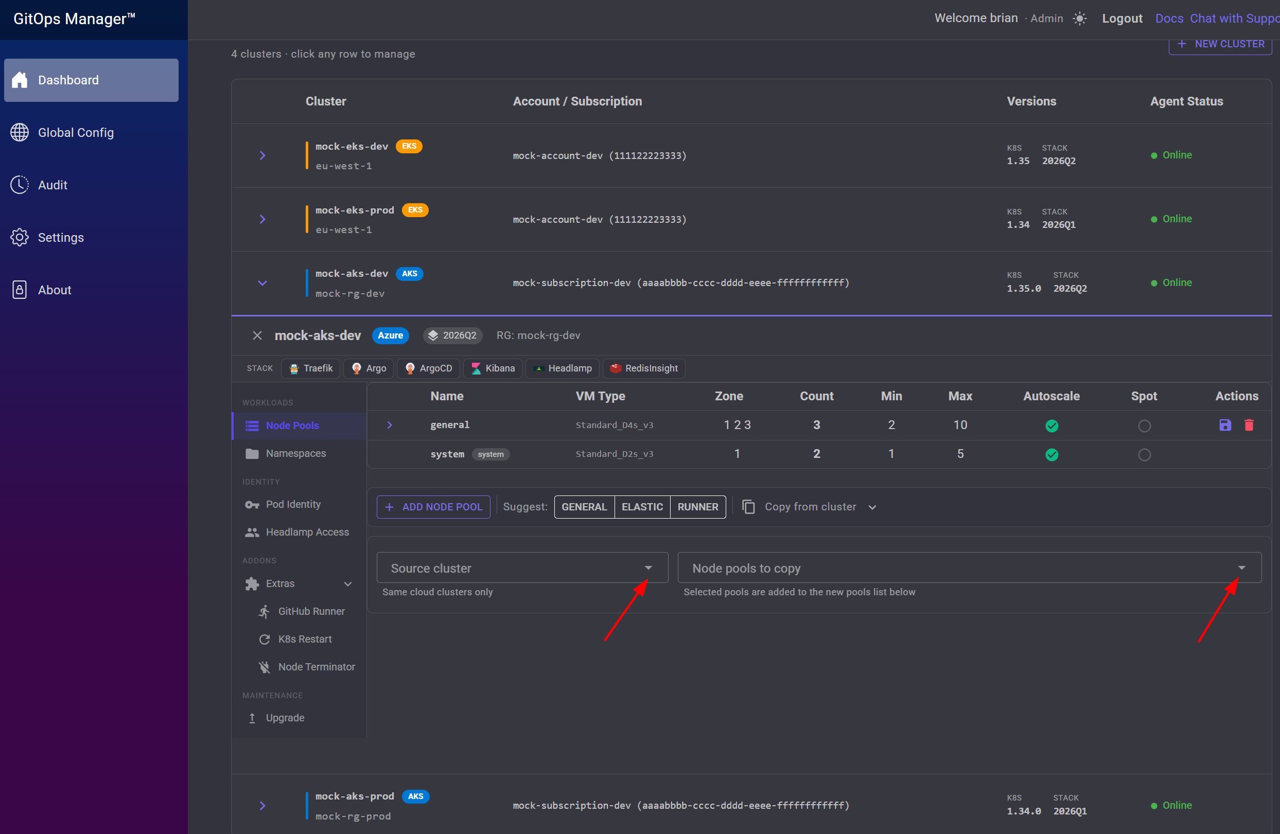 Copy from cluster panel with arrows pointing at the Source cluster and Node pools to copy dropdowns