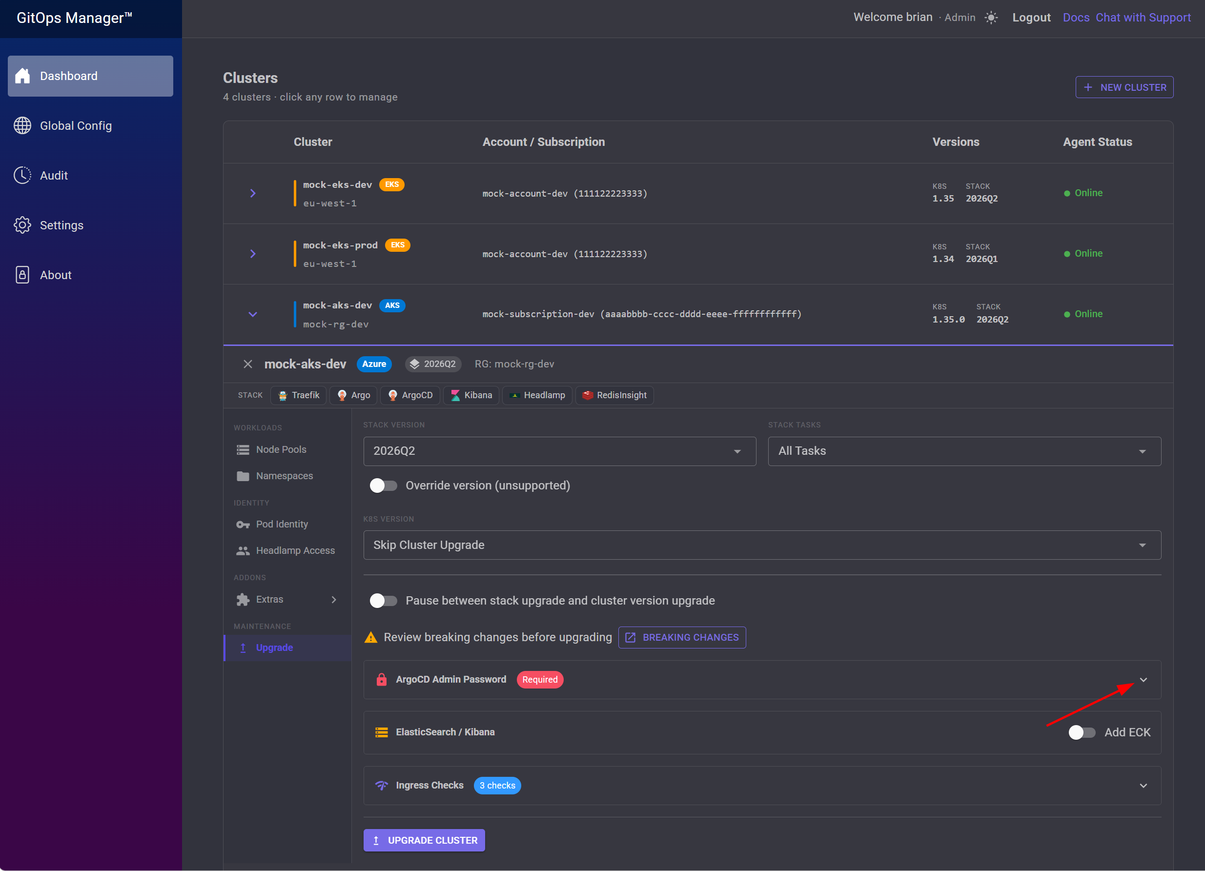 Upgrade screen with an arrow pointing at the ArgoCD Admin Password expand chevron