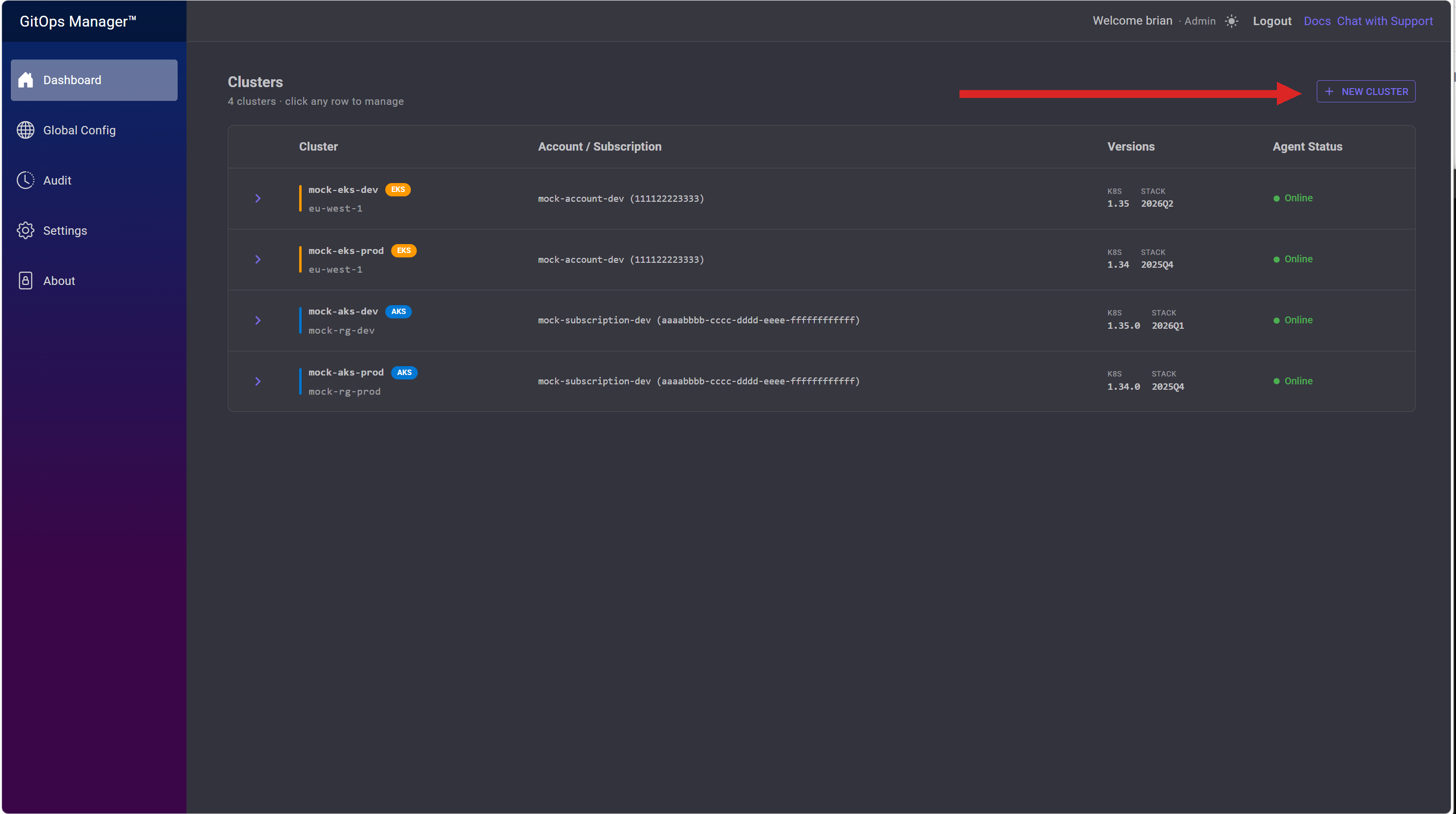 Dashboard showing all clusters with an arrow pointing at the New Cluster button