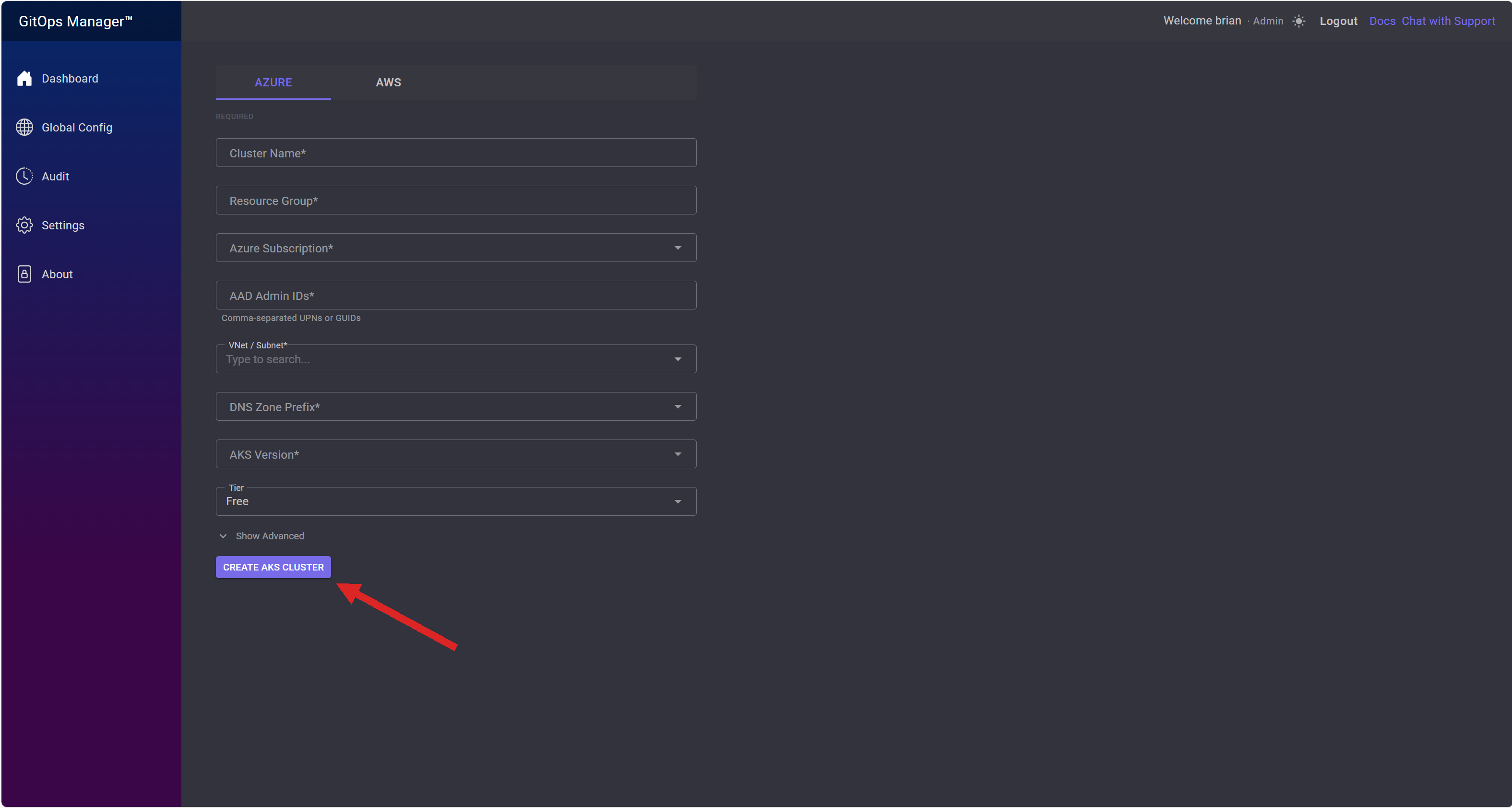 Cluster creation form with an arrow pointing at the Create AKS Cluster button