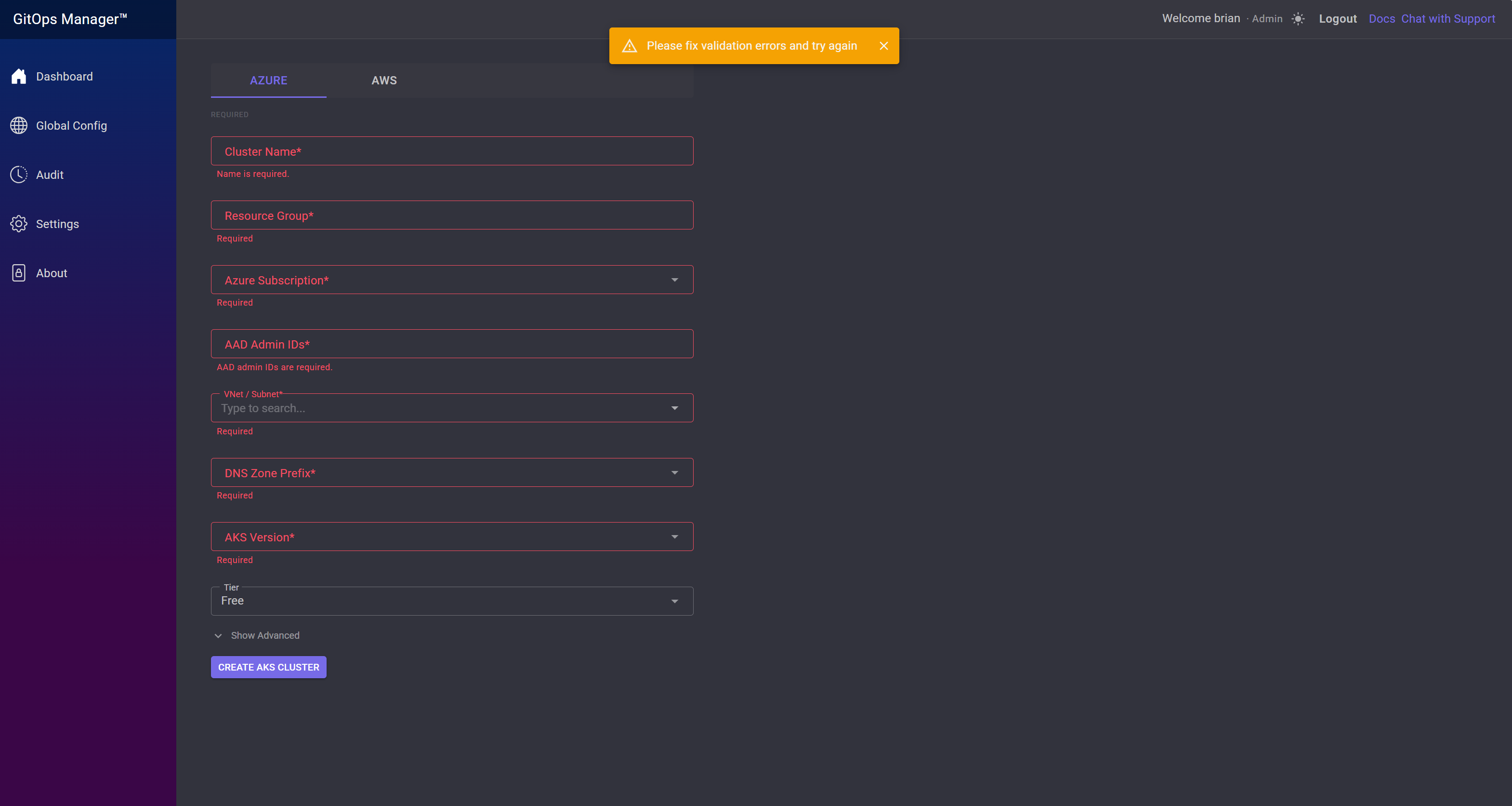 Cluster creation form showing validation errors on required fields