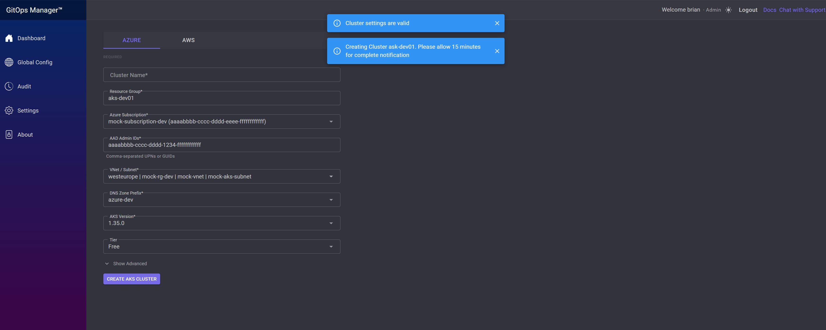 Notifications showing cluster settings are valid and cluster creation has started