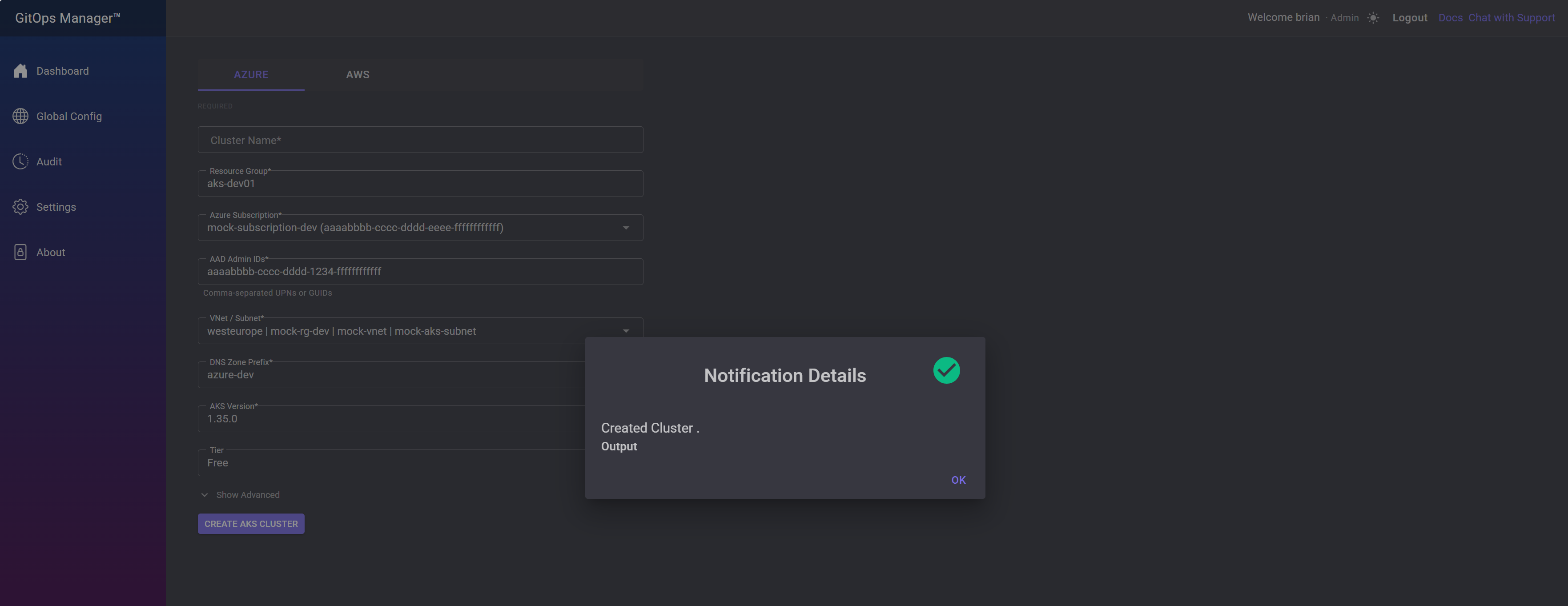Notification Details dialog confirming the cluster was created