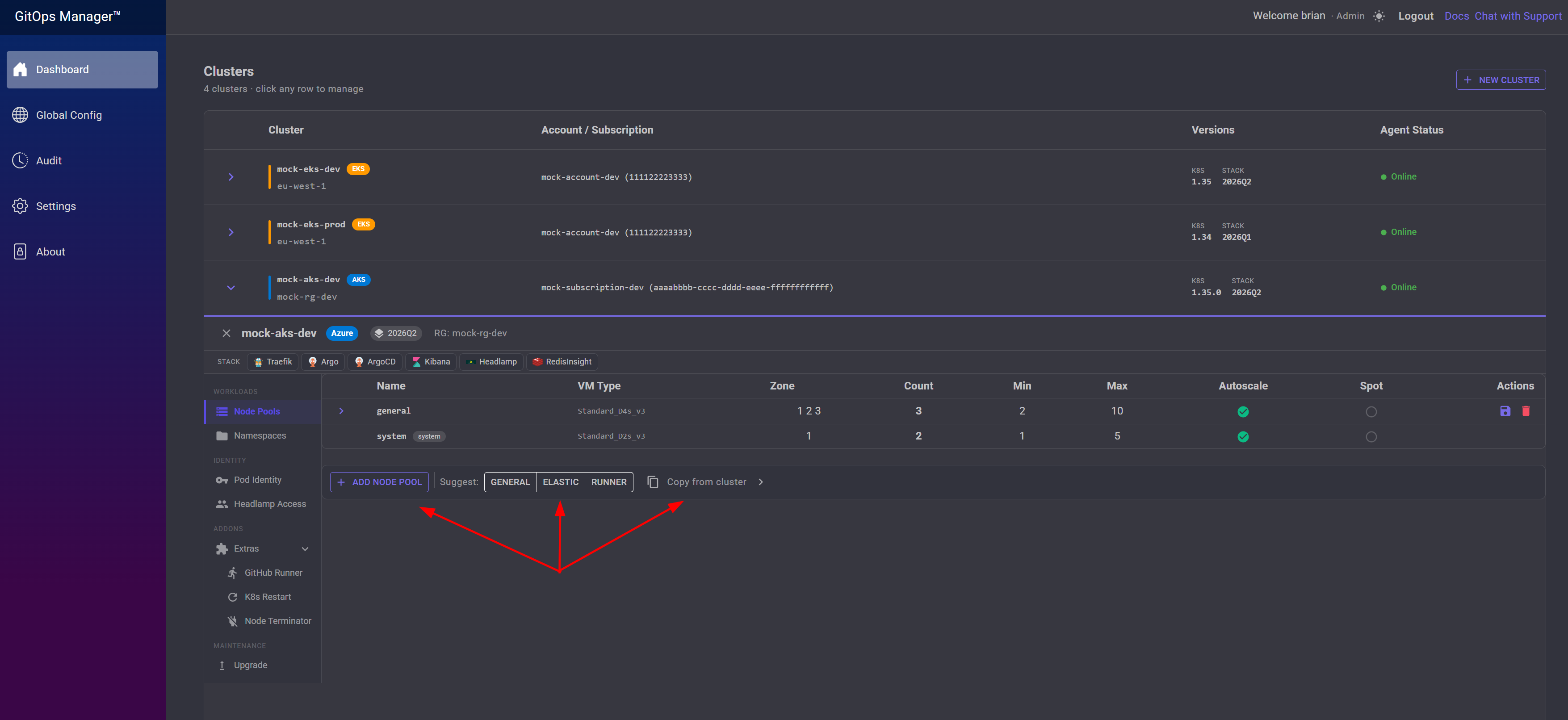Node pools screen with arrows pointing at Add Node Pool, Suggest, and Copy from cluster