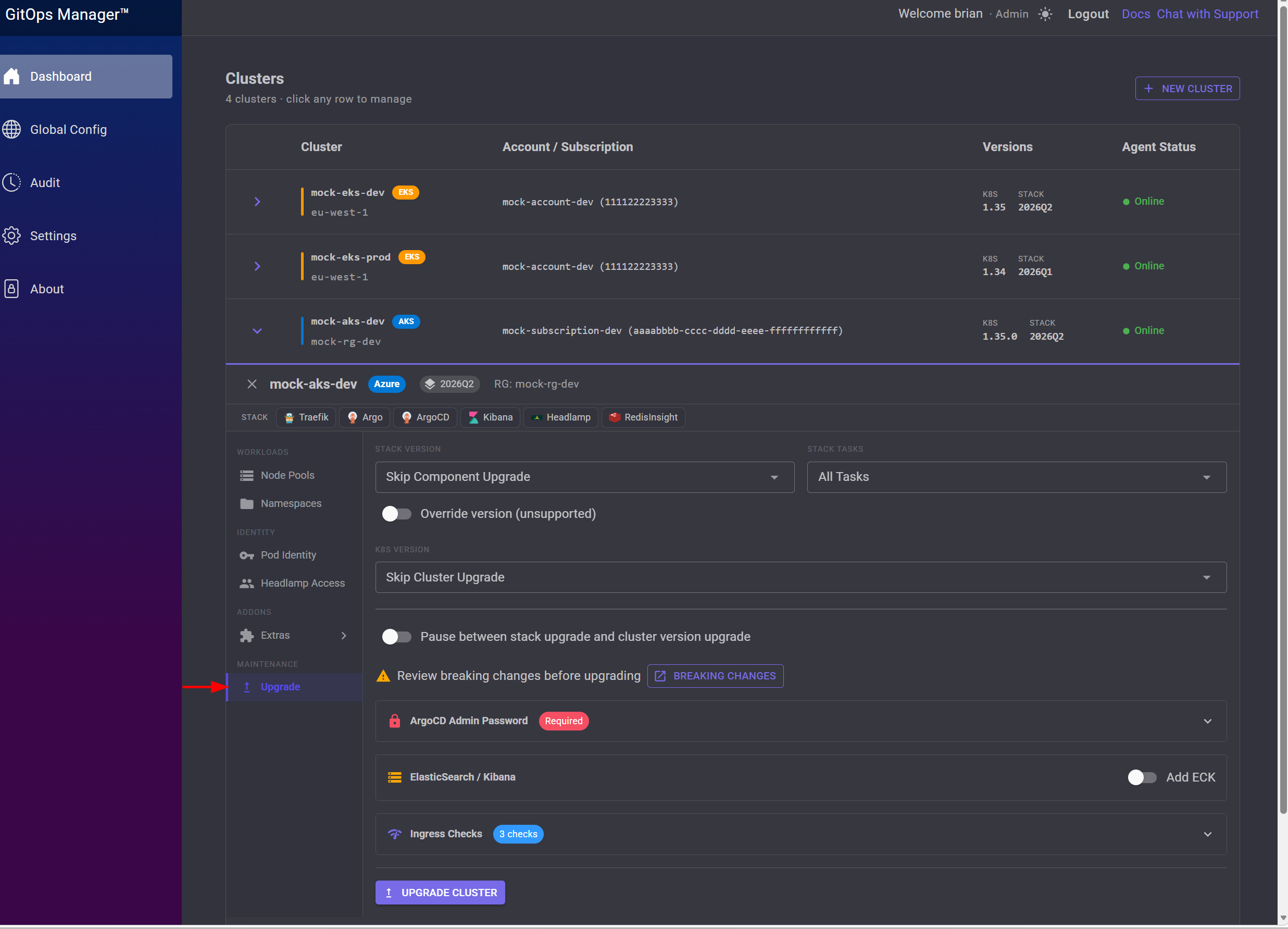 Cluster panel with an arrow pointing at the Upgrade sidebar item
