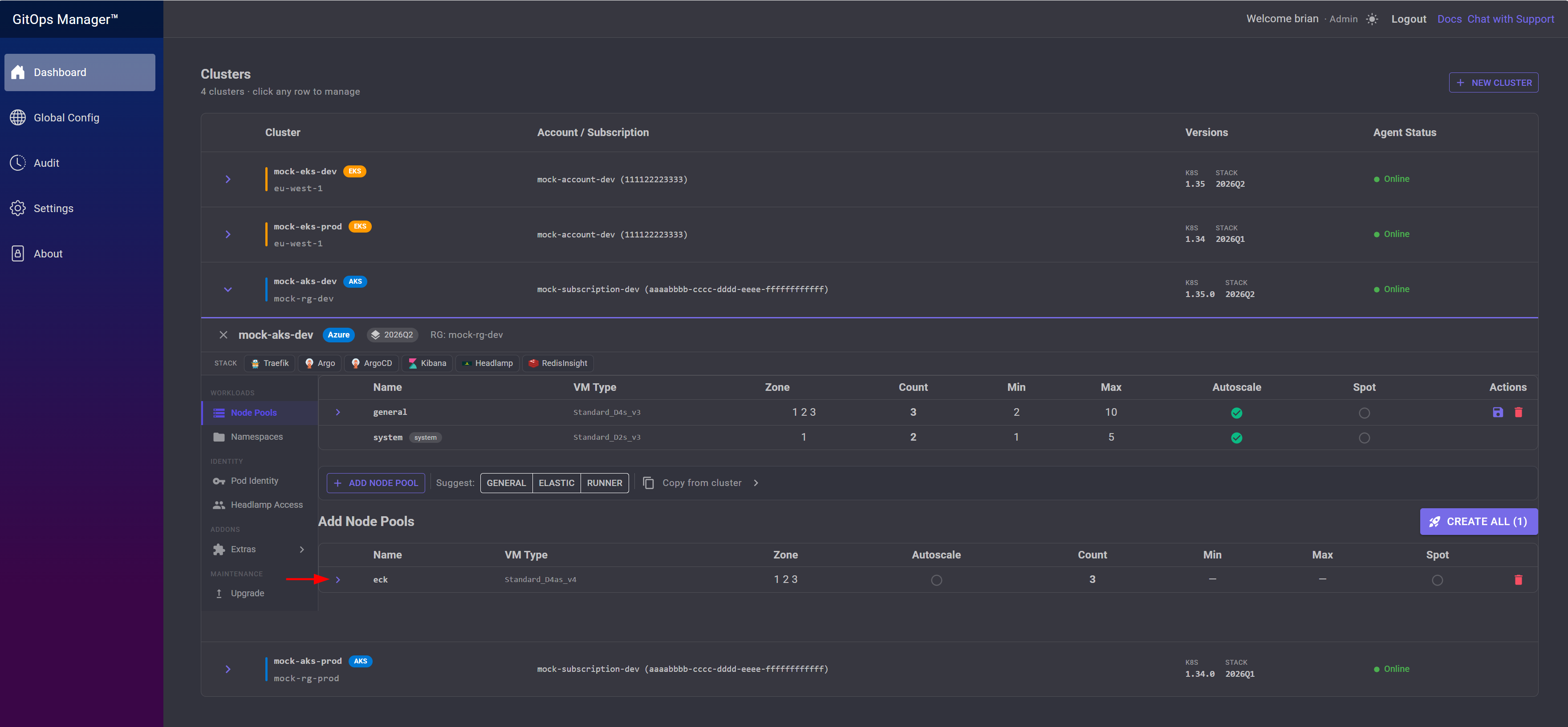 Add Node Pools section with an arrow pointing at the eck row to expand it